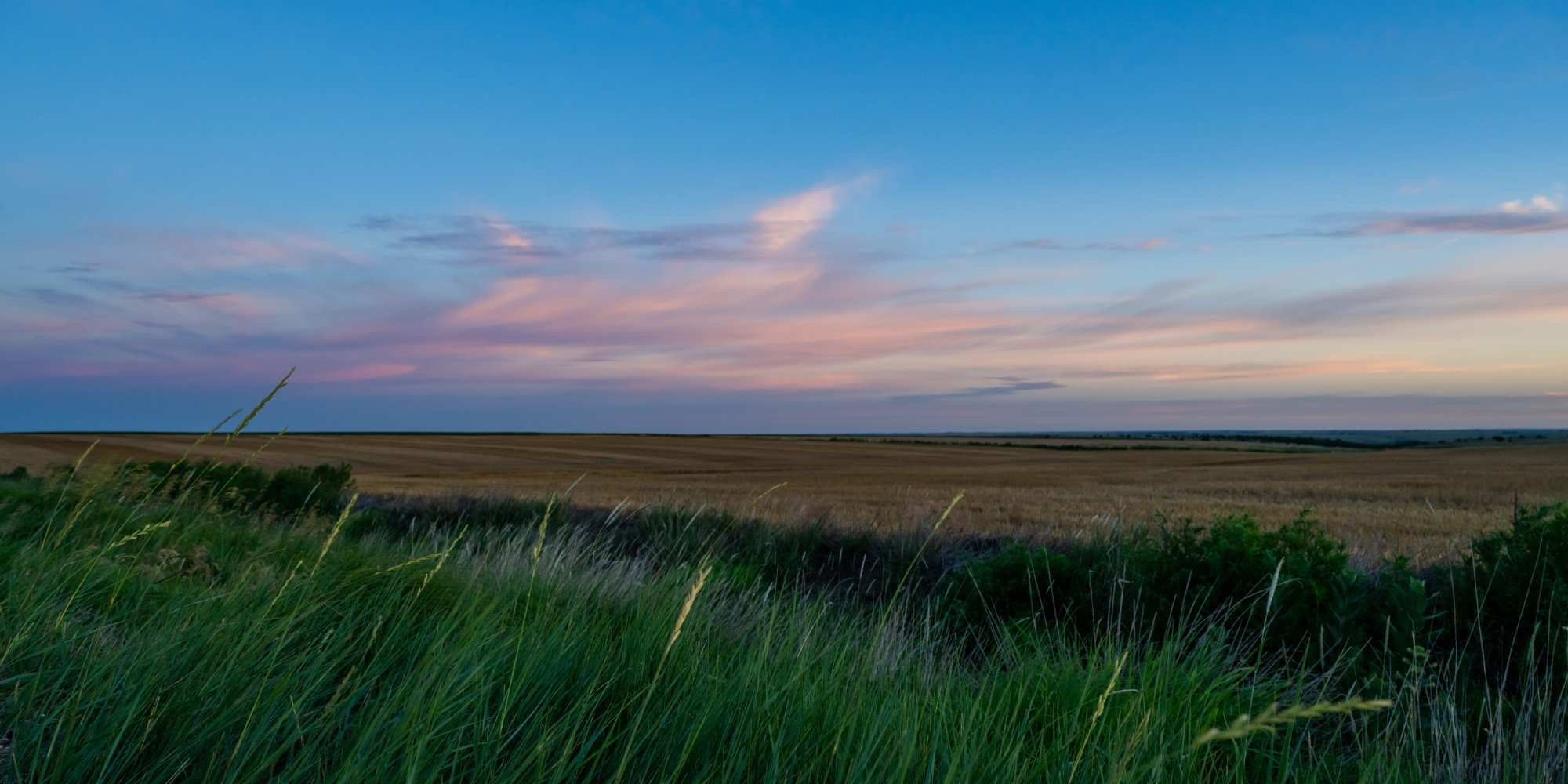Stock image of a field in Kansas with a partly cloudy sky and tall grass