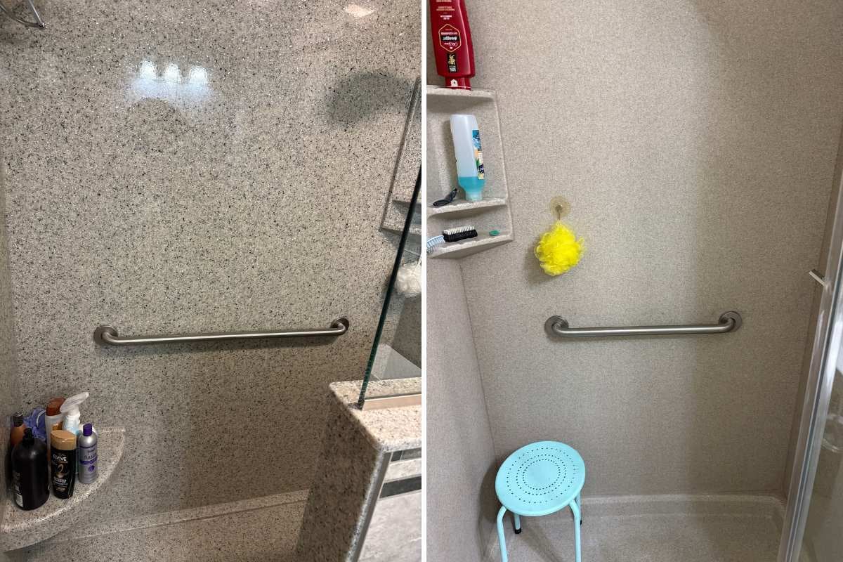 Images of two grab bars intalled in a clients showers to enhance safety for age-in-place Images of two grab bars intalled in a clients showers to enhance safety for age-in-place