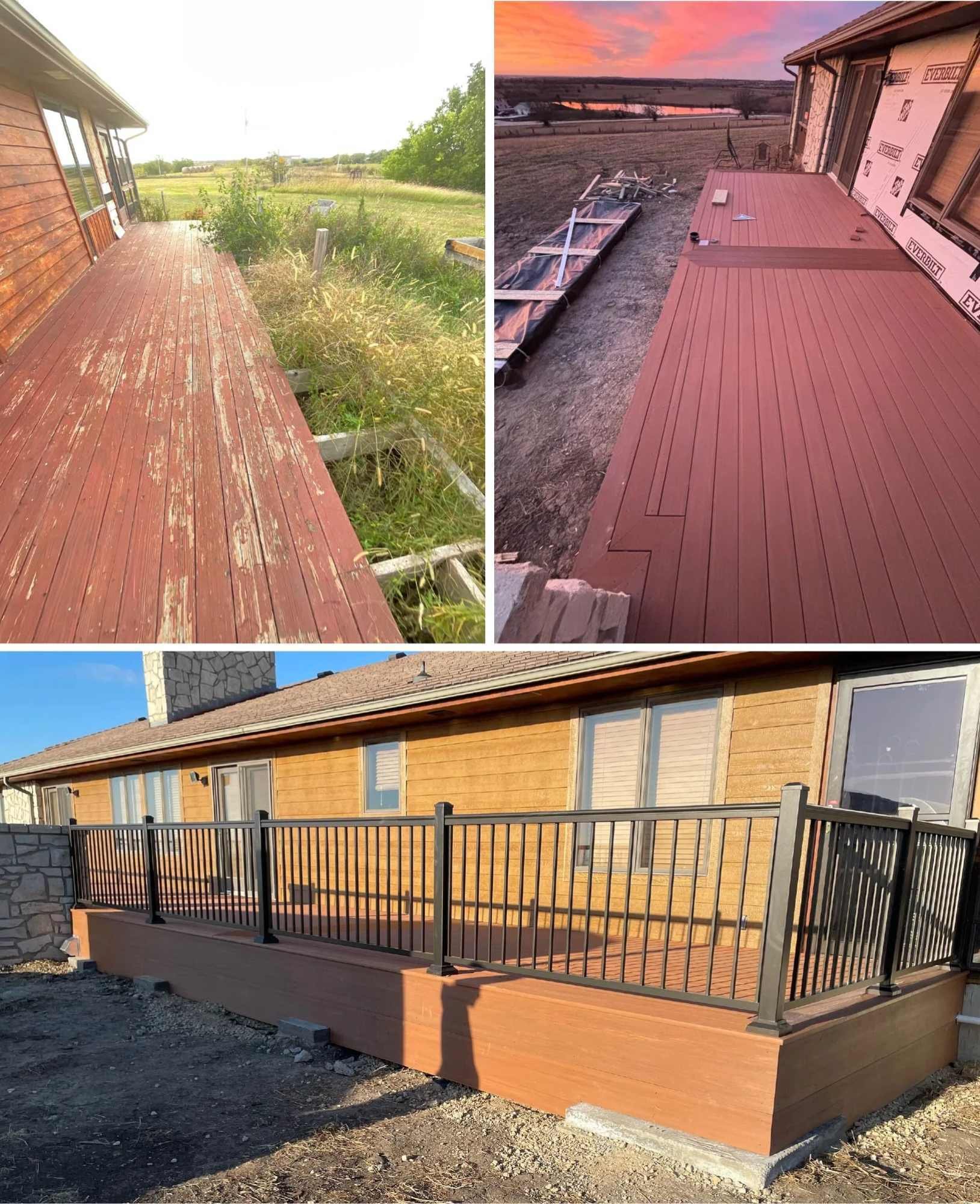 Before, in-progress, and after photos of a worn out wooden deck and composite replacement deck with a railing, new doors, and new siding by Fox Home Innovations
