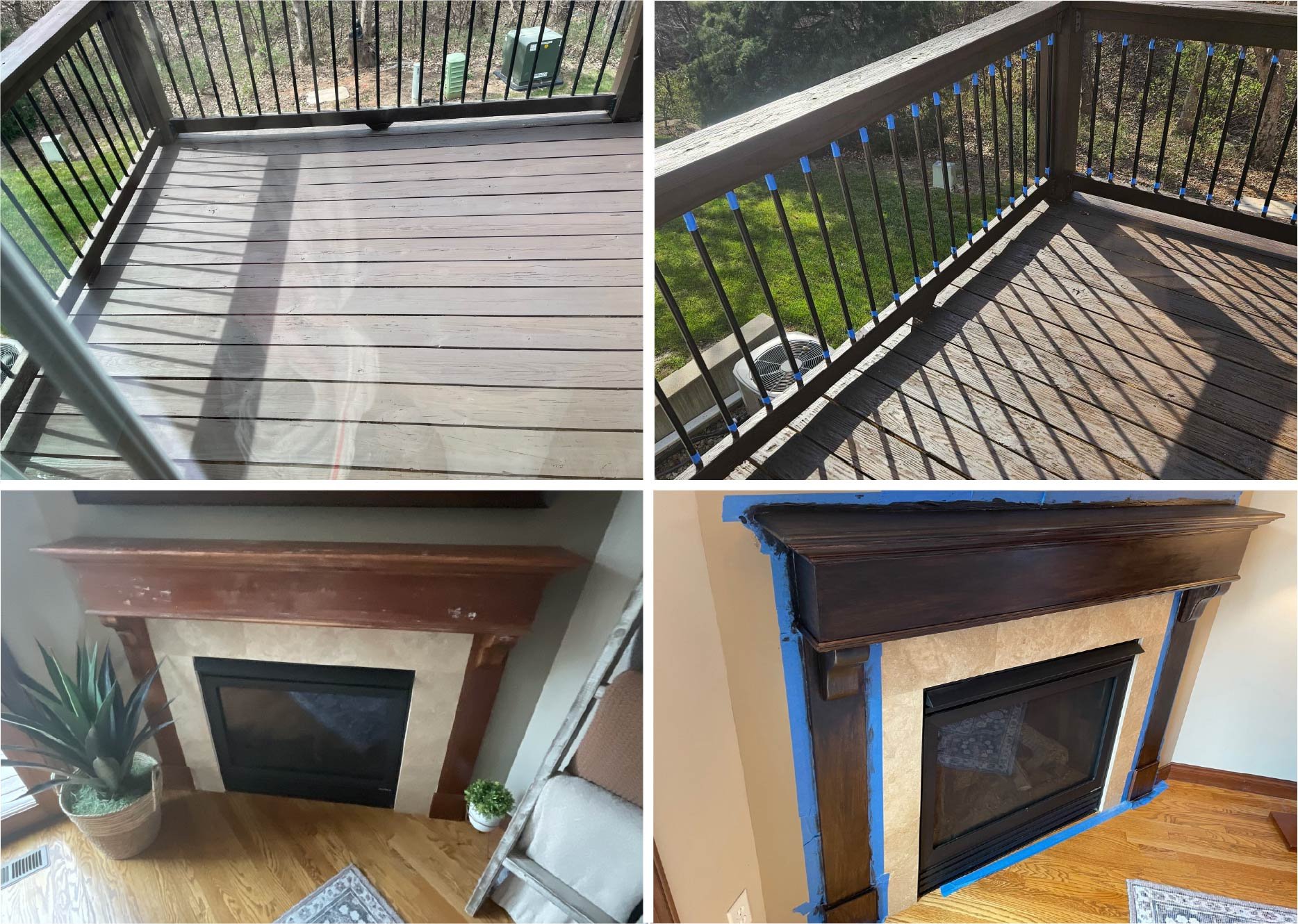Top two images show before and after of a deck restoration, bottom two images show before and after of a fireplace mantle stained to match the deck Top two images show before and after of a deck restoration, bottom two images show before and after of a fireplace mantle stained to match the deck