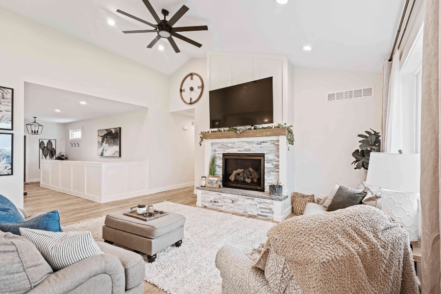 Living room remodel in Manhattan, KS, with stone fireplace and vaulted celings.