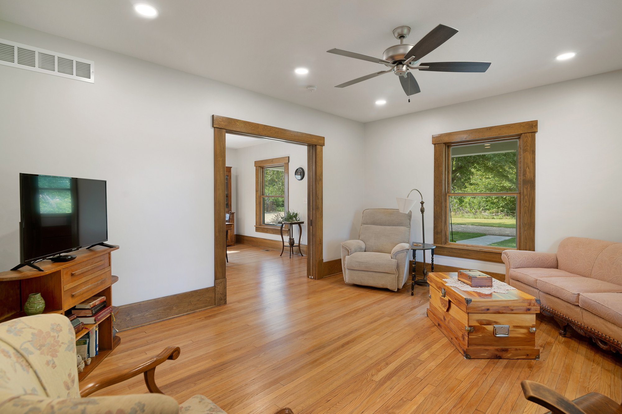 living room remodel with wood floors and trim in manhattan kansas