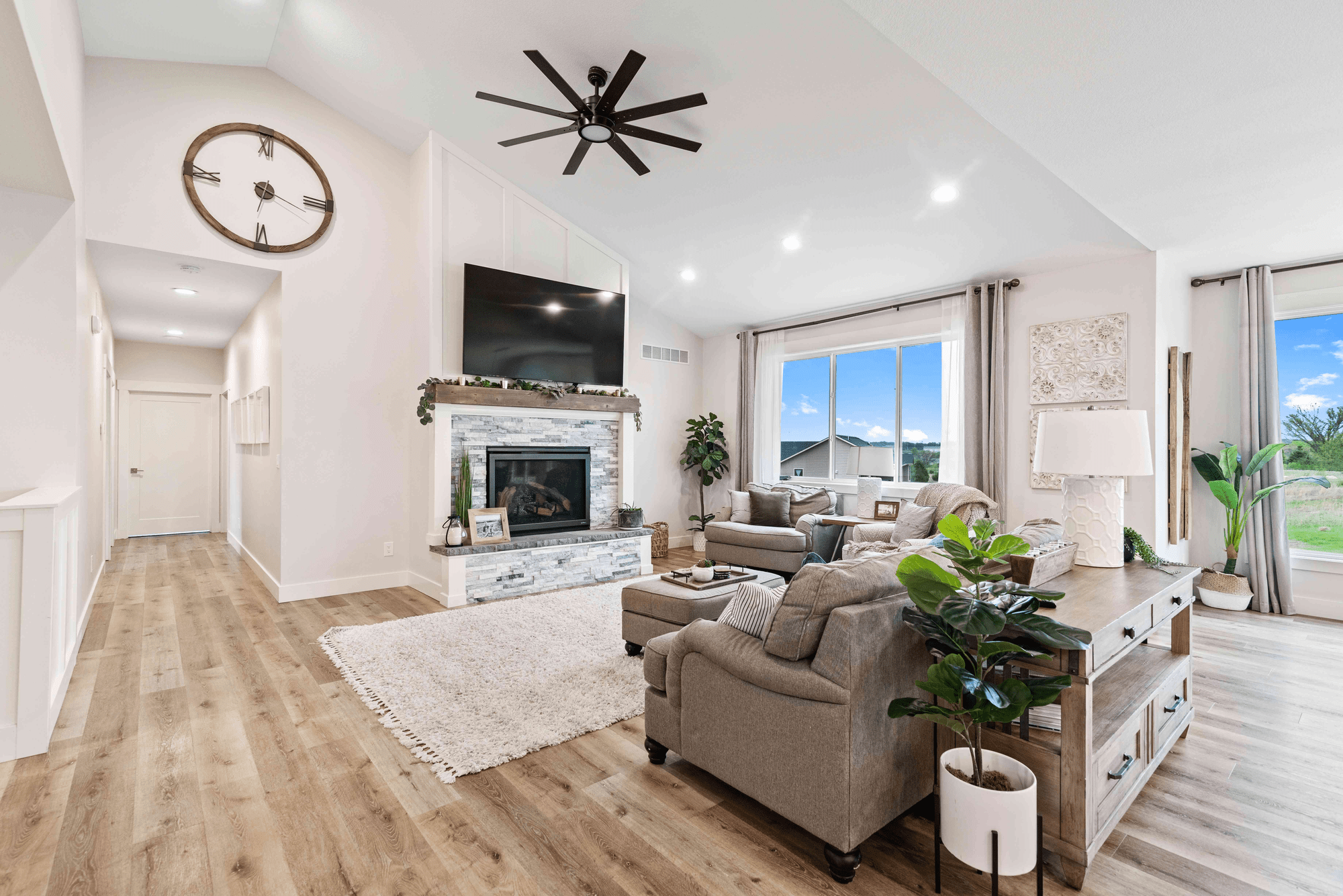 whole home remodel in manhattan kansas showing living room with tall ceiling